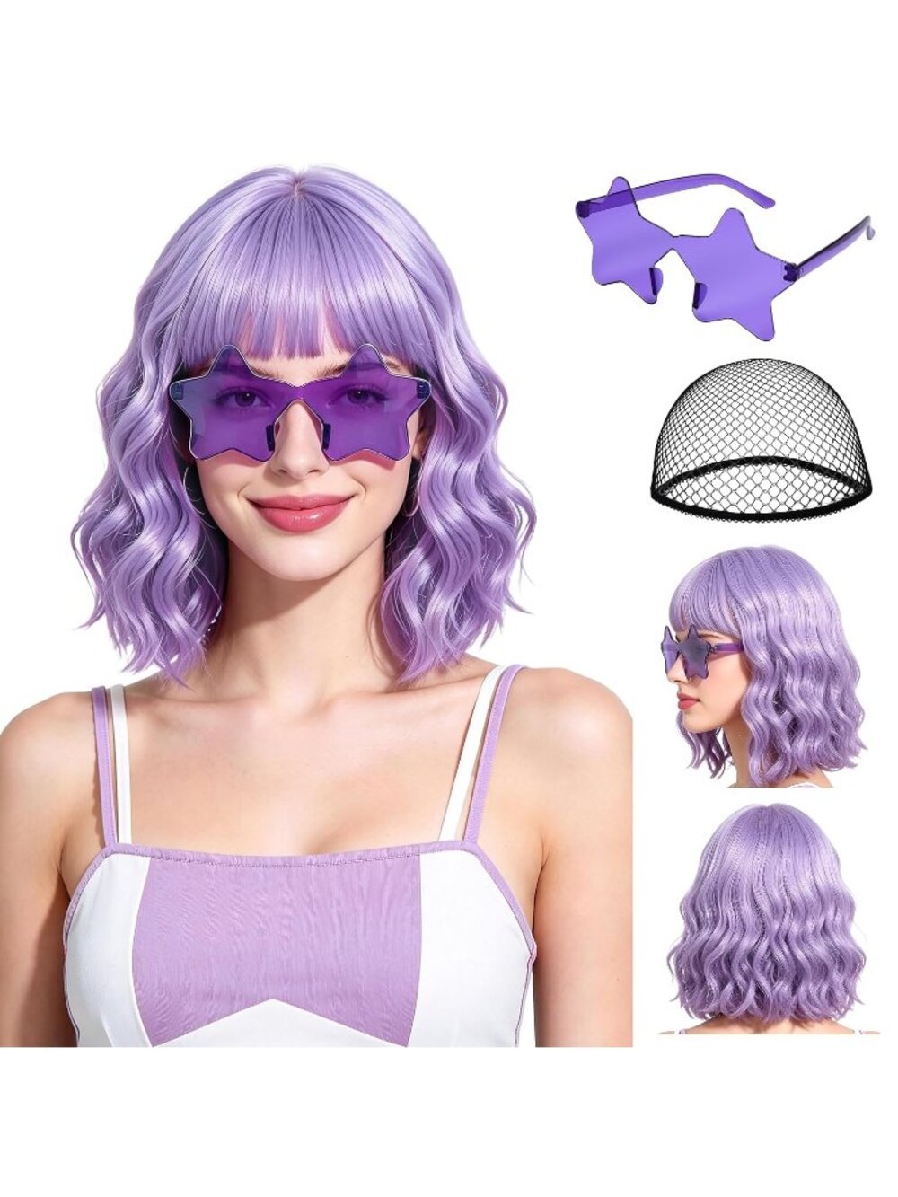 Women's Light Purple Short Wavy Bob Bangs 15.7 Inch Heat Resistant Synthetic Wig